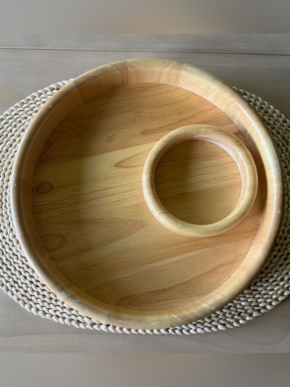 Mid-Century Wooden Round Serving Tray with Small Inner Ring